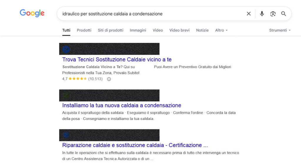 esempio di ricerca google su idraulico per sostituzione caldaia a condensazione