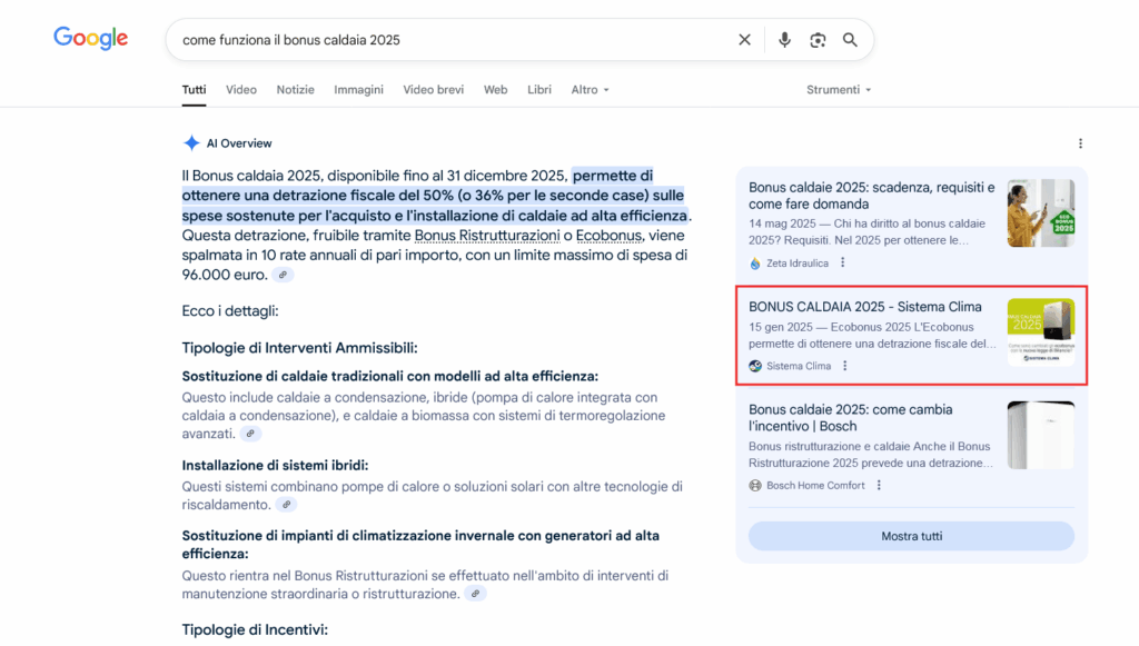 esempio di ricerca AI overview del bonus caldaia 2025 sistema clima